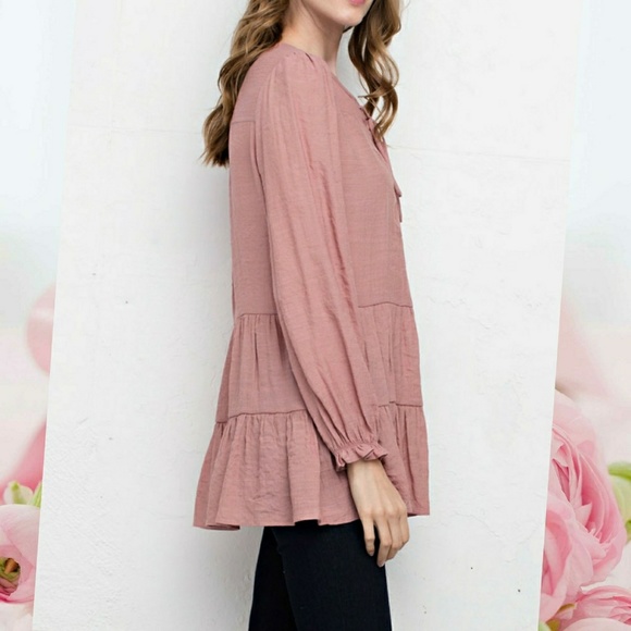 Boho Peasant Rose Tunic Top with Lace Up Neck - Picture 6 of 7